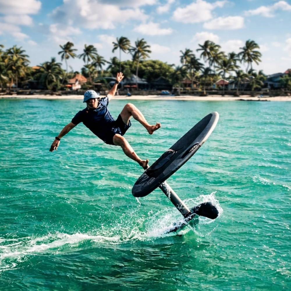 Rider jumping the e-foil above the turquoise water