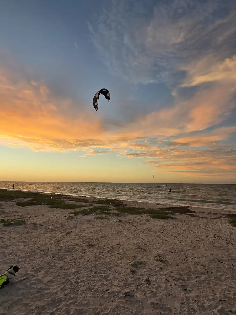 A kite in the air over the beach at sunset