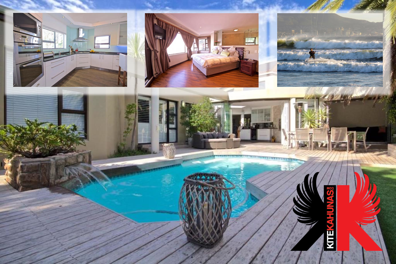 Collage of the villa: pool and wooden deck, kitchen, bedroom and the beach